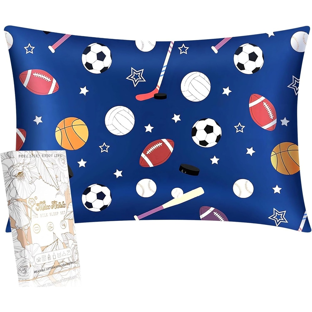 image:imageMiss Adola 1Pc Silk Pillowcase for Kids 30x20 Queen 19 Momme Mulberry Silk Pillow Case with Hidden Zipper for Hair and Skin Cute Cartoon for Toddlers Teens Boys Girls Pink Girl ShadowBlue Ballgame