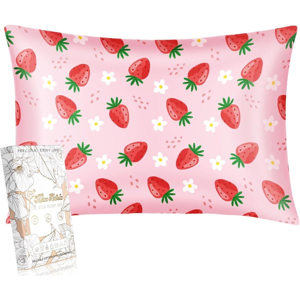 image:imageMiss Adola 1Pc Silk Pillowcase for Kids 30x20 Queen 19 Momme Mulberry Silk Pillow Case with Hidden Zipper for Hair and Skin Cute Cartoon for Toddlers Teens Boys Girls Pink Girl ShadowStrawberry
