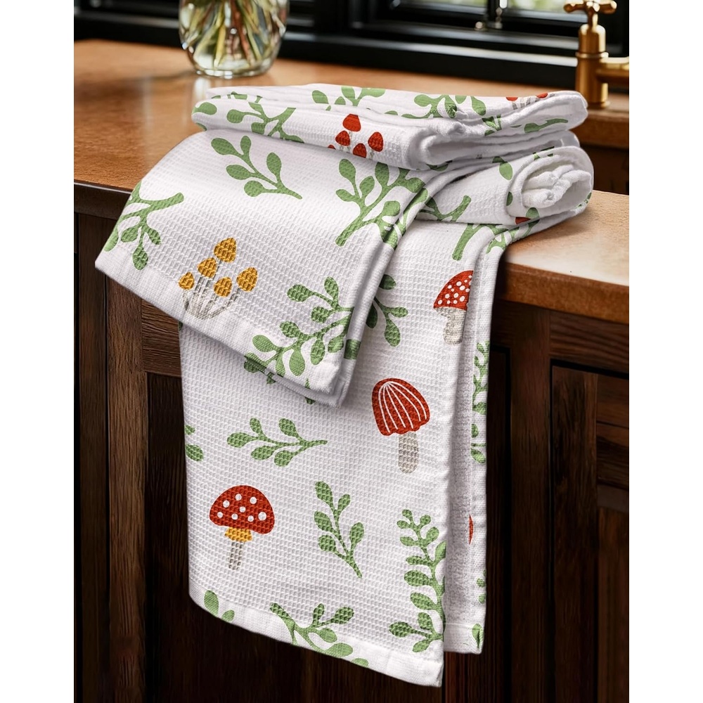 image:imageMiss Adola 2pcs Waffle Kitchen Towels 16x26 Inch Cotton Waffle Weave Dish Cloths Set of 2 with Hanging Loop Absorbent Hand Tea Towels Fruits Design for Housewarming Gift CitrusMushroom