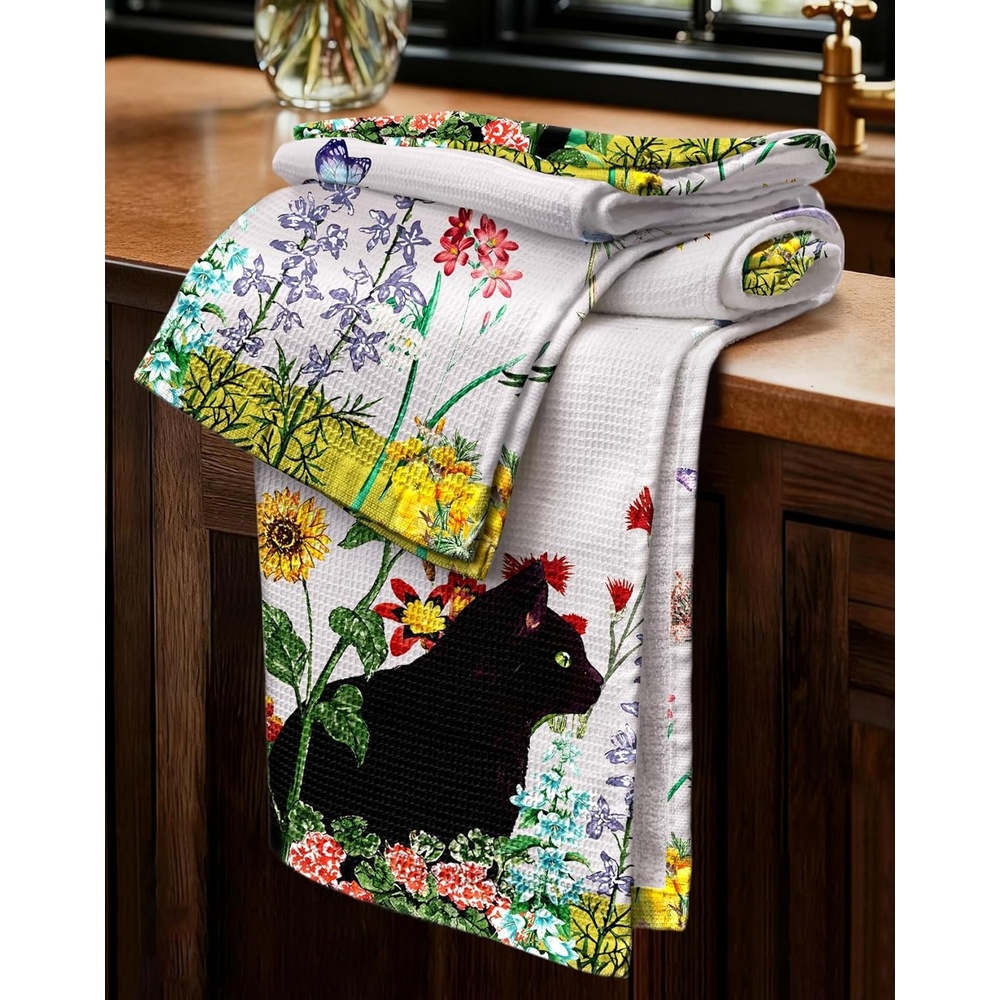 image:imageMiss Adola 2pcs Waffle Kitchen Towels 16x26 Inch Cotton Waffle Weave Dish Cloths Set of 2 with Hanging Loop Absorbent Hand Tea Towels Fruits Design for Housewarming Gift CitrusCat in Flowers