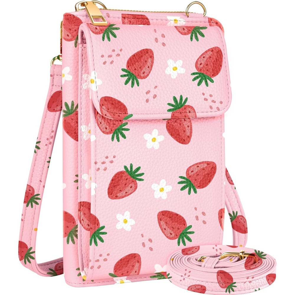 image:imageMiss Adola Cell Phone Purse Crossbody Bags for Women Cute Design Leather Cellphone Bag Small Cross Body Bags Purses Wallet Trendy Aesthetic Pouch with Adjustable Strap for iPhone Black FlowerStrawberry