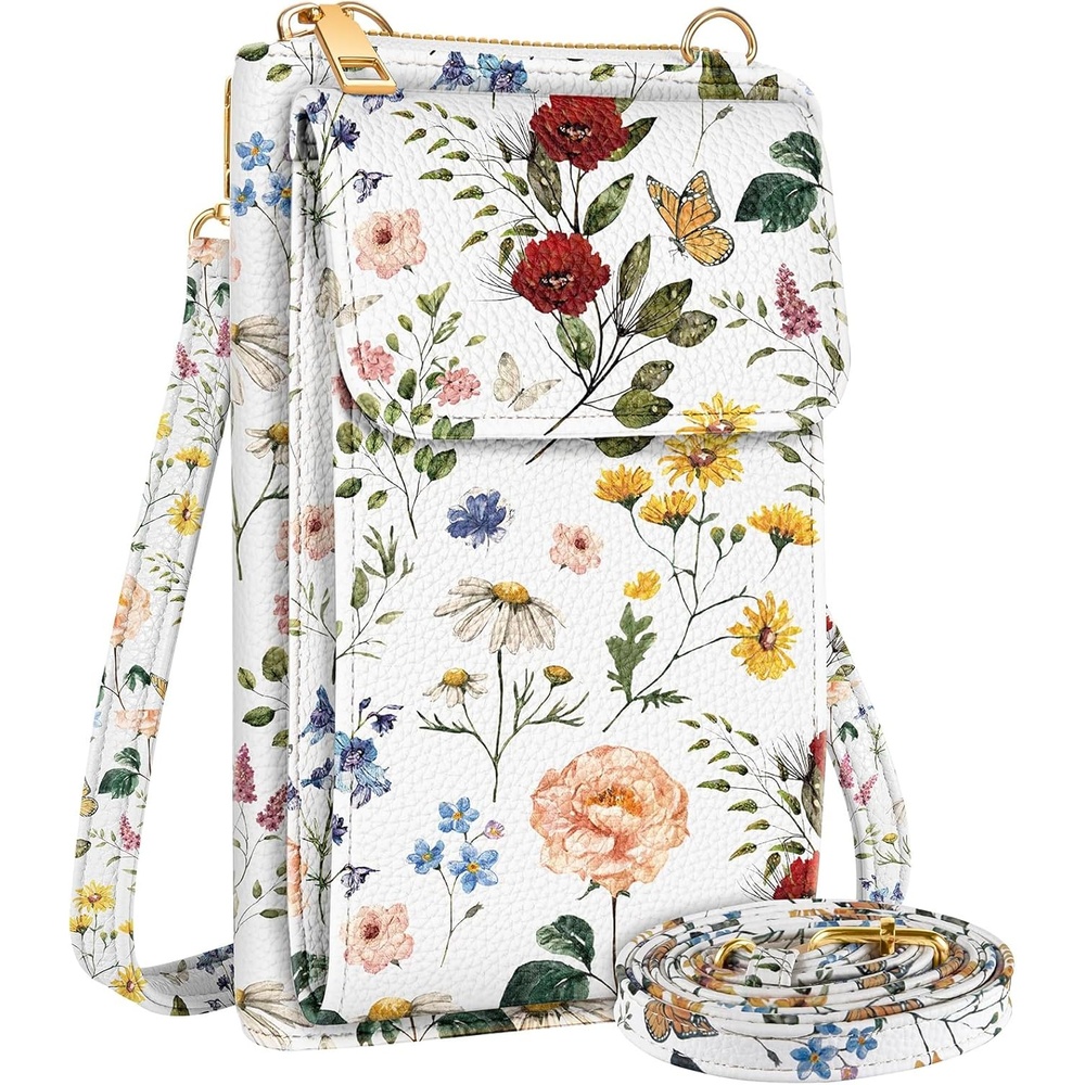 image:imageMiss Adola Cell Phone Purse Crossbody Bags for Women Cute Design Leather Cellphone Bag Small Cross Body Bags Purses Wallet Trendy Aesthetic Pouch with Adjustable Strap for iPhone Black FlowerVintage Flower