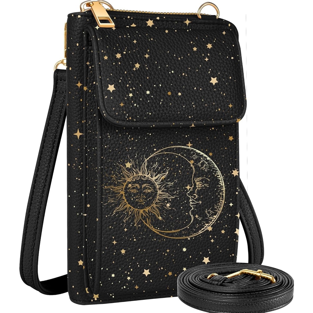 image:imageMiss Adola Cell Phone Purse Crossbody Bags for Women Cute Design Leather Cellphone Bag Small Cross Body Bags Purses Wallet Trendy Aesthetic Pouch with Adjustable Strap for iPhone Black FlowerBlack Sun Moon