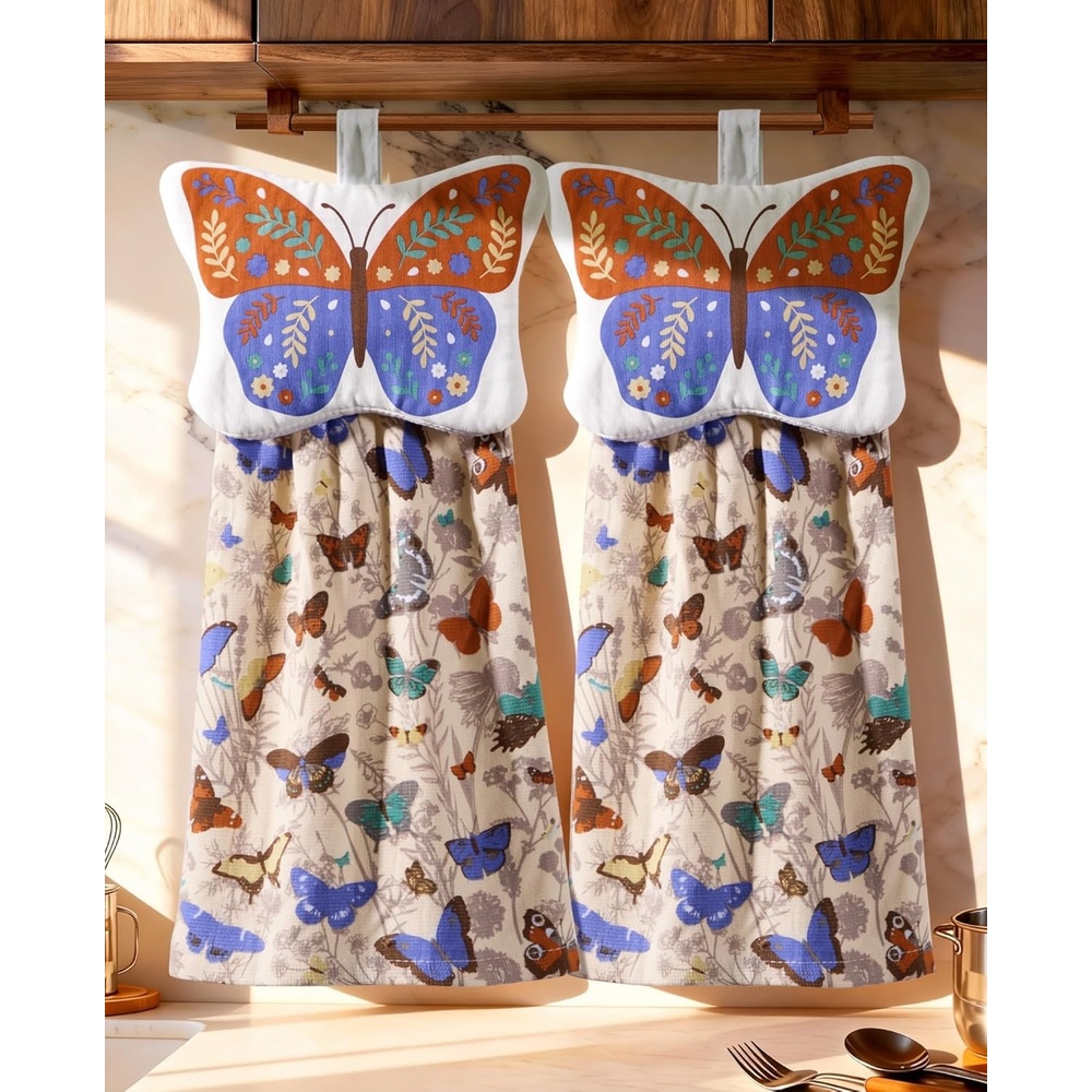 image:imageMiss Adola Cotton Hanging Hand Towels 2pcs Hand Drying Towels for Kitchen Bathroom with Hanging Loop Cute Decorative Soft Terry Cloth Kitchen Towel with Strawberry Design for Housewarming GiftsVintage Butterflies