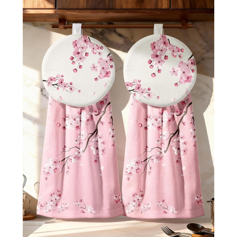 image:imageMiss Adola Cotton Hanging Hand Towels 2pcs Hand Drying Towels for Kitchen Bathroom with Hanging Loop Cute Decorative Soft Terry Cloth Kitchen Towel with Strawberry Design for Housewarming GiftsPink Blossom