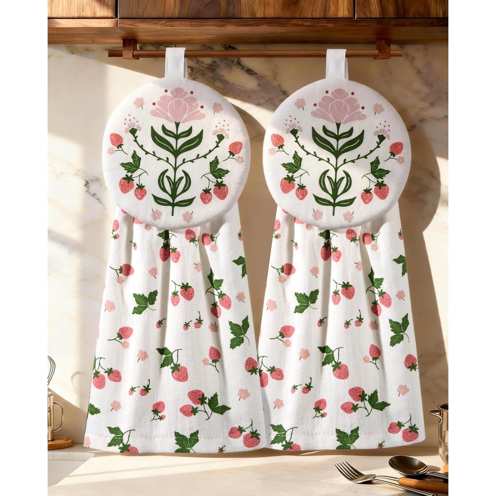 image:imageMiss Adola Cotton Hanging Hand Towels 2pcs Hand Drying Towels for Kitchen Bathroom with Hanging Loop Cute Decorative Soft Terry Cloth Kitchen Towel with Strawberry Design for Housewarming GiftsWatercolor Strawberry