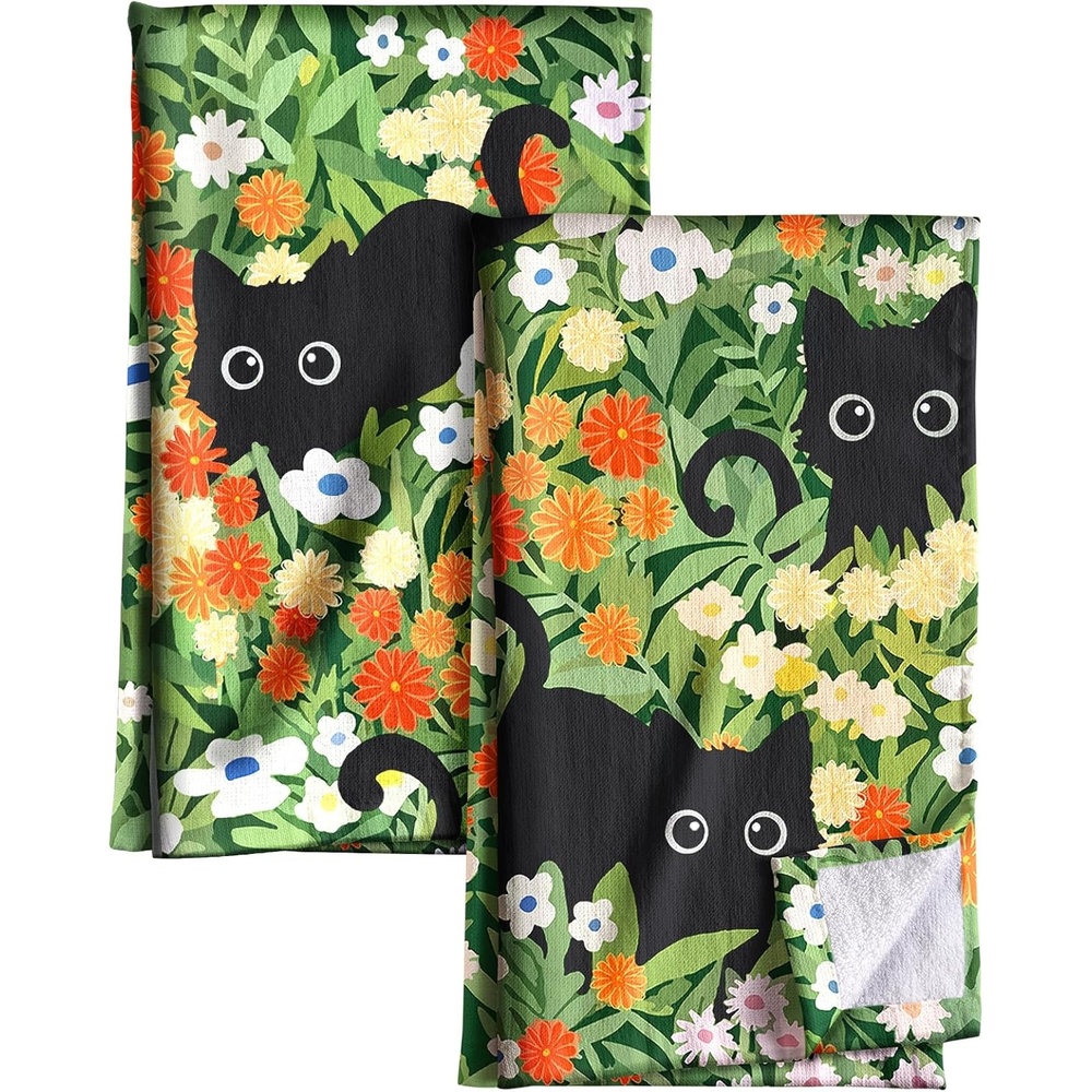image:imageMiss Adola Cotton Kitchen Towels Set of 2 Cute Design 1626 Inch Dish Towels for Kitchen with Hanging Loop Beige Flower Quick Dry Hand Towels Soft amp Absorbent Decorative Terry Cloth Tea TowelsBlack Cats