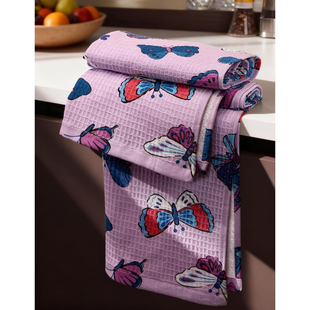 image:imageMiss Adola Cotton Waffle Kitchen Towels Cute 370 GSM 16x25 Inch Terry Cloth Waffle Decorative Dishcloth for Kitchen Set of 2 with Hanging Loops Absorbent Hand Tea Towel for Home Design FishButterfly
