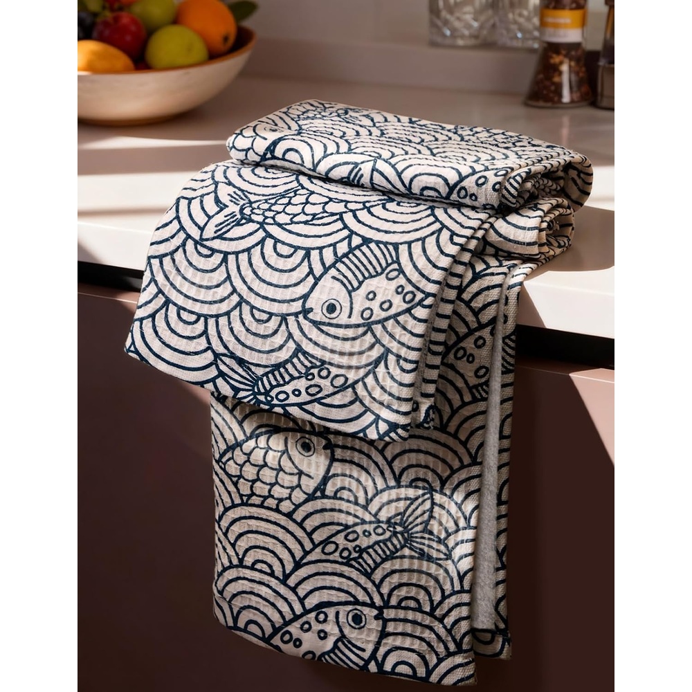 image:imageMiss Adola Cotton Waffle Kitchen Towels Cute 370 GSM 16x25 Inch Terry Cloth Waffle Decorative Dishcloth for Kitchen Set of 2 with Hanging Loops Absorbent Hand Tea Towel for Home Design FishFish