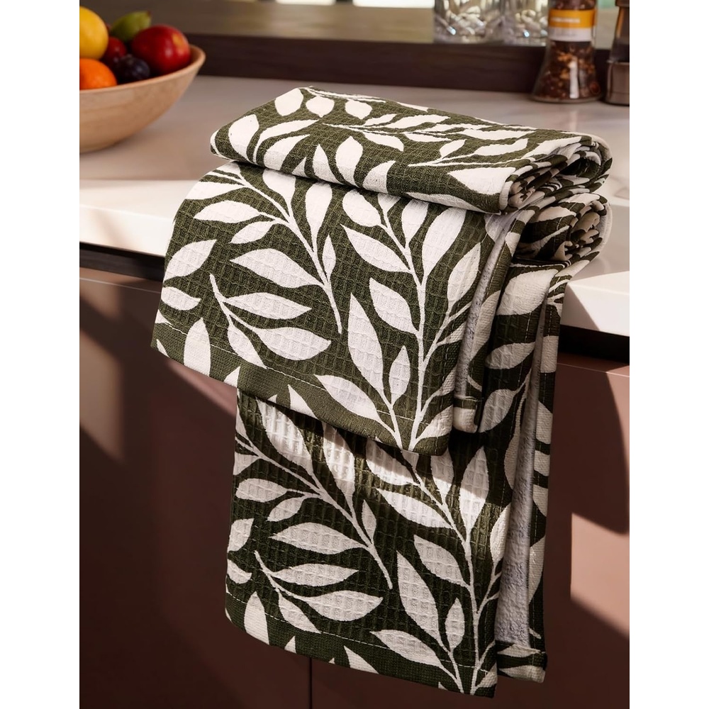 image:imageMiss Adola Cotton Waffle Kitchen Towels Cute 370 GSM 16x25 Inch Terry Cloth Waffle Decorative Dishcloth for Kitchen Set of 2 with Hanging Loops Absorbent Hand Tea Towel for Home Design FishLeaf