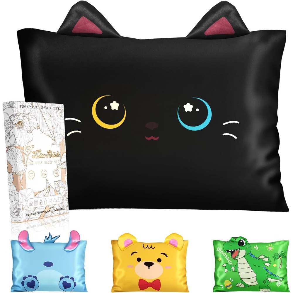 image:imageMiss Adola Kids Pillowcases Standard Size 20x26 Cute Cartoon Soft Breathable Silk Pillow Cases for Hair and Skin with Hidden Zipper for Girls Fun Kawaii Design for Bedding Fish TailBlack Cat