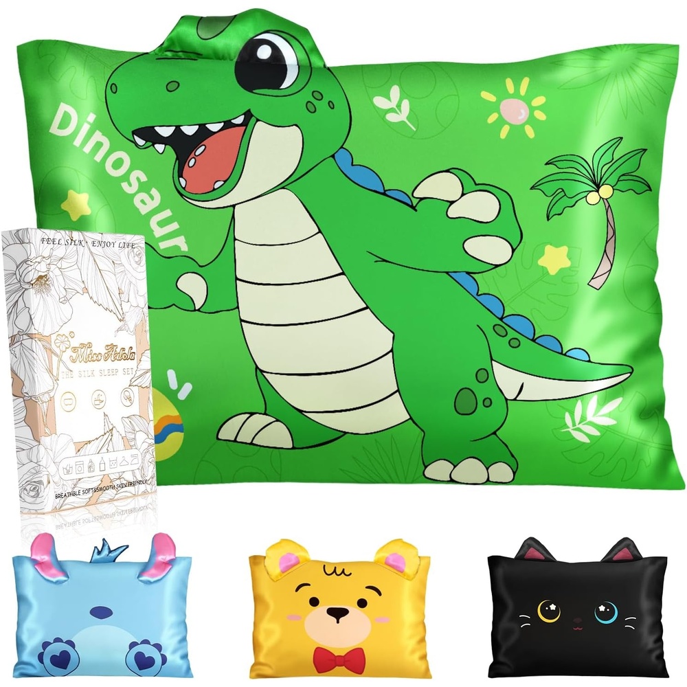 image:imageMiss Adola Kids Pillowcases Standard Size 20x26 Cute Cartoon Soft Breathable Silk Pillow Cases for Hair and Skin with Hidden Zipper for Girls Fun Kawaii Design for Bedding Fish TailGreen Dinosaur