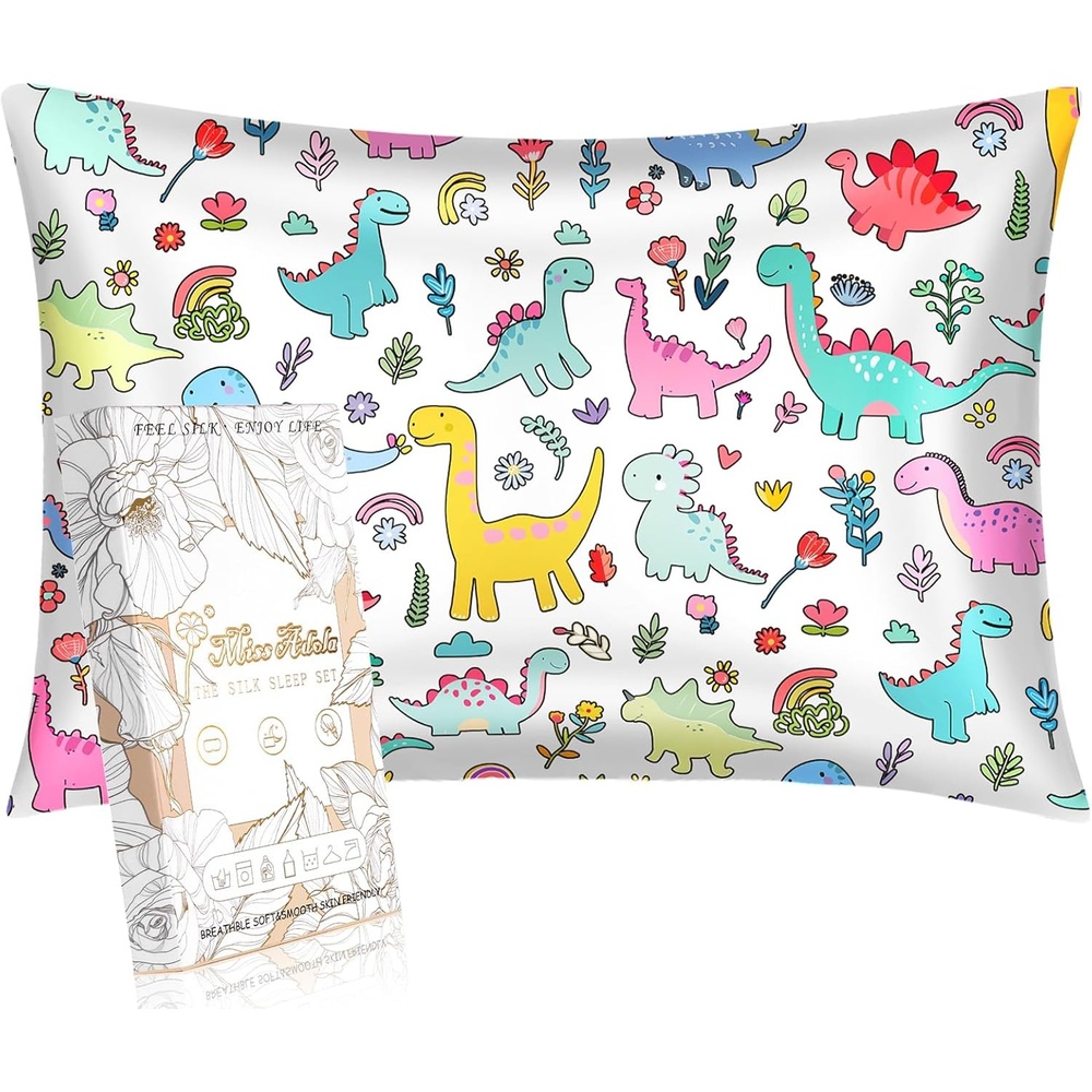 image:imageMiss Adola Kids Silk Pillowcase 1Pc Queen Size 30 x 20 Inches 19 Momme Mulberry Silk Pillow Case with Hidden Zipper for Toddlers Teens Girls Boys Hair and Skin Strawberry CatColorful Dinosaur
