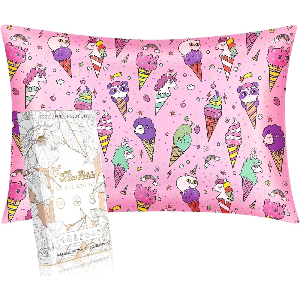 image:imageMiss Adola Kids Silk Pillowcase 1Pc Queen Size 30 x 20 Inches 19 Momme Mulberry Silk Pillow Case with Hidden Zipper for Toddlers Teens Girls Boys Hair and Skin Strawberry CatCream Unicorn