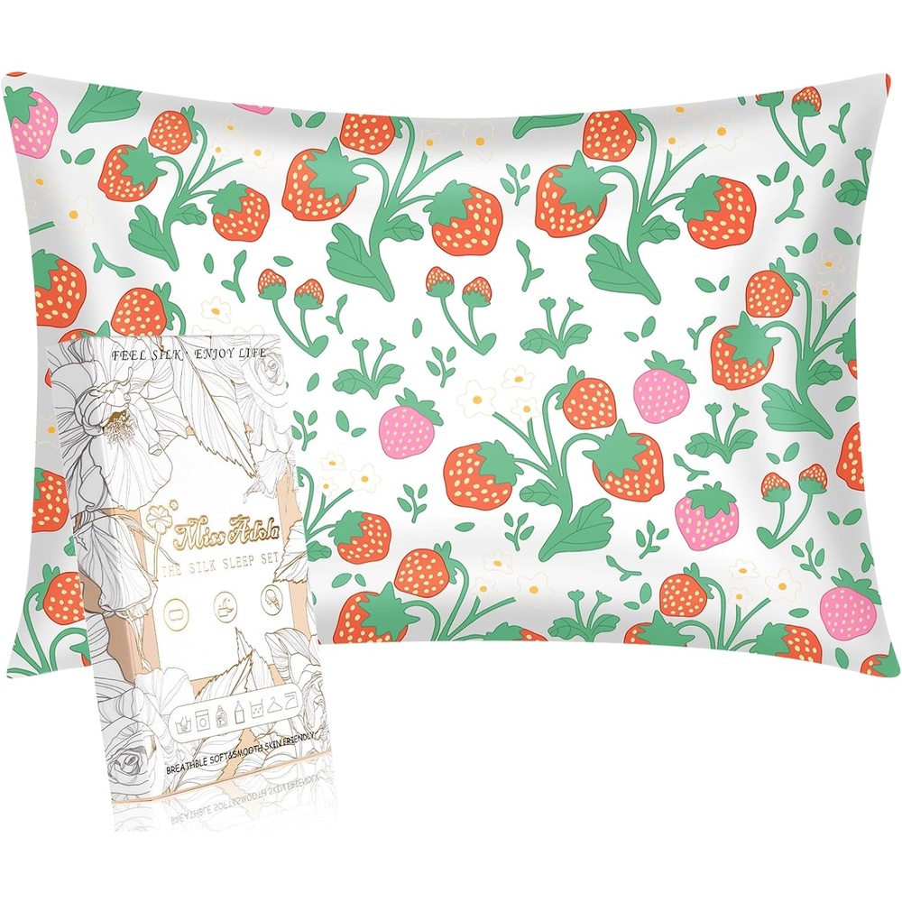 image:imageMiss Adola Kids Silk Pillowcase 1Pc Queen Size 30 x 20 Inches 19 Momme Mulberry Silk Pillow Case with Hidden Zipper for Toddlers Teens Girls Boys Hair and Skin Strawberry CatTwo Color Strawberry
