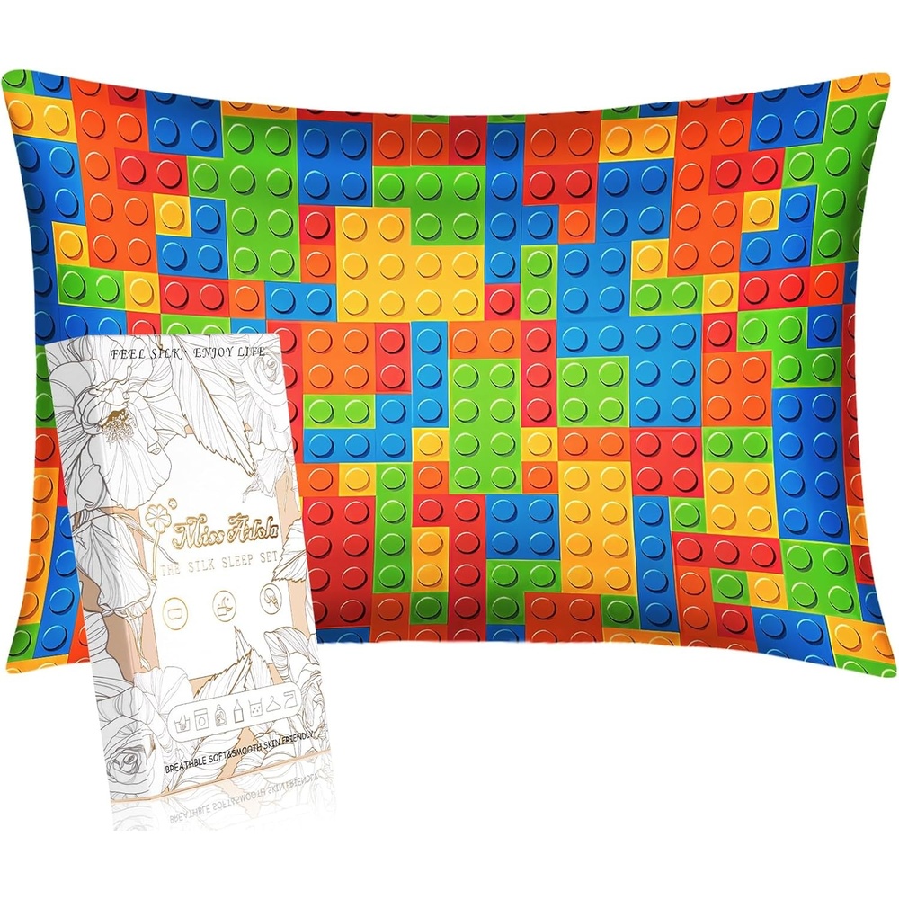 image:imageMiss Adola Kids Silk Pillowcase 1Pc Queen Size 30 x 20 Inches 19 Momme Mulberry Silk Pillow Case with Hidden Zipper for Toddlers Teens Girls Boys Hair and Skin Strawberry CatColorful Blocks