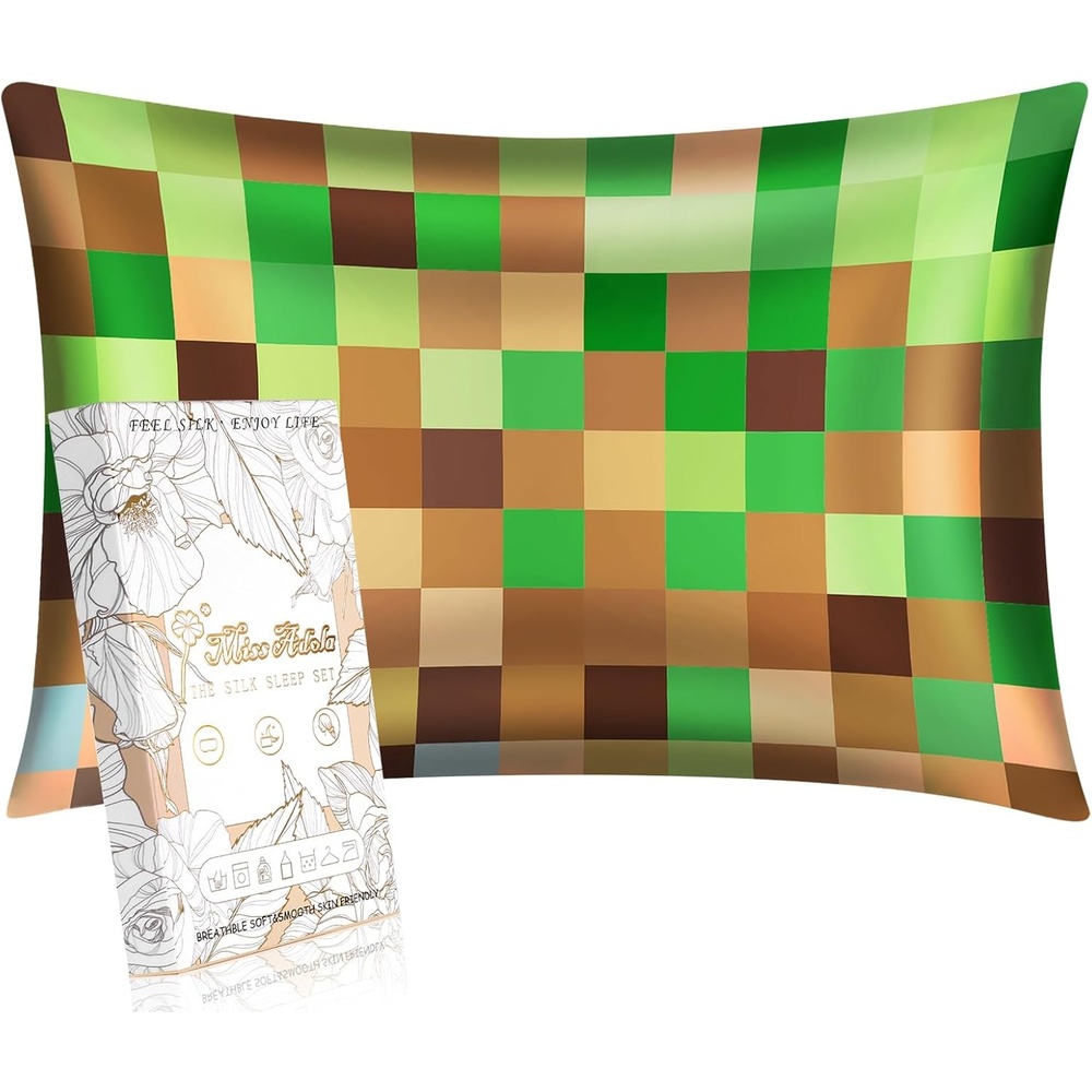 image:imageMiss Adola Kids Silk Pillowcase 1Pc Queen Size 30 x 20 Inches 19 Momme Mulberry Silk Pillow Case with Hidden Zipper for Toddlers Teens Girls Boys Hair and Skin Strawberry CatGreen Brown Check
