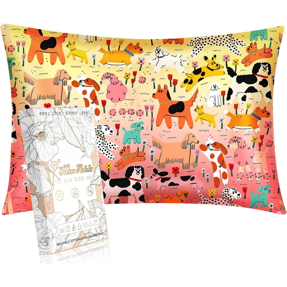 image:imageMiss Adola Kids Silk Pillowcase 1Pc Queen Size 30 x 20 Inches 19 Momme Mulberry Silk Pillow Case with Hidden Zipper for Toddlers Teens Girls Boys Hair and Skin Strawberry CatPuppy Series