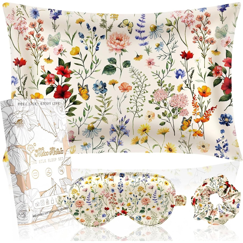 image:imageMiss Adola Mulberry Silk Pillowcase Set 1 Pc Silk Pillowcase with Eye Mask amp Scrunchie Soft Standard 20x26 Pillow Case for Hair and Skin Sleeping Gift for Women Blush PinkVintage Flower