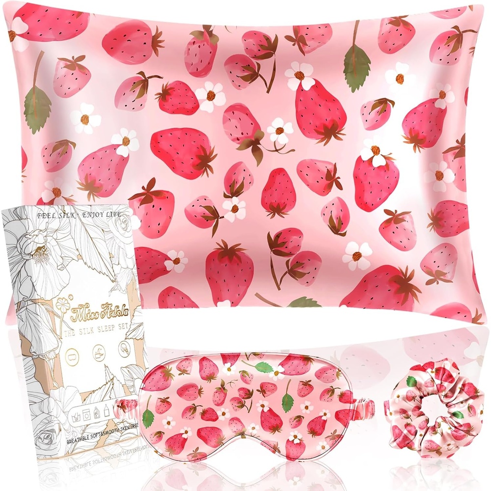image:imageMiss Adola Mulberry Silk Pillowcase Set 1 Pc Silk Pillowcase with Eye Mask amp Scrunchie Soft Standard 20x26 Pillow Case for Hair and Skin Sleeping Gift for Women Blush PinkStrawberry Flower