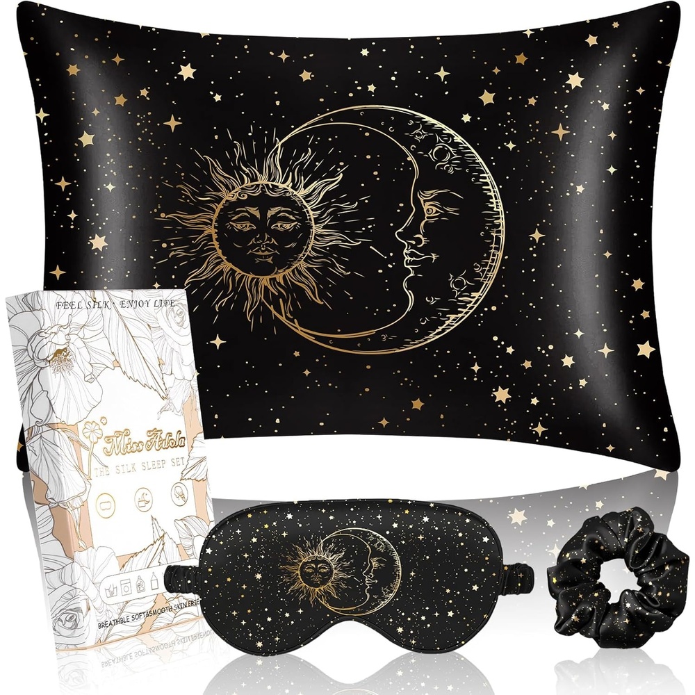 image:imageMiss Adola Mulberry Silk Pillowcase Set 1 Pc Silk Pillowcase with Eye Mask amp Scrunchie Soft Standard 20x26 Pillow Case for Hair and Skin Sleeping Gift for Women Blush PinkBlack Sun Moon