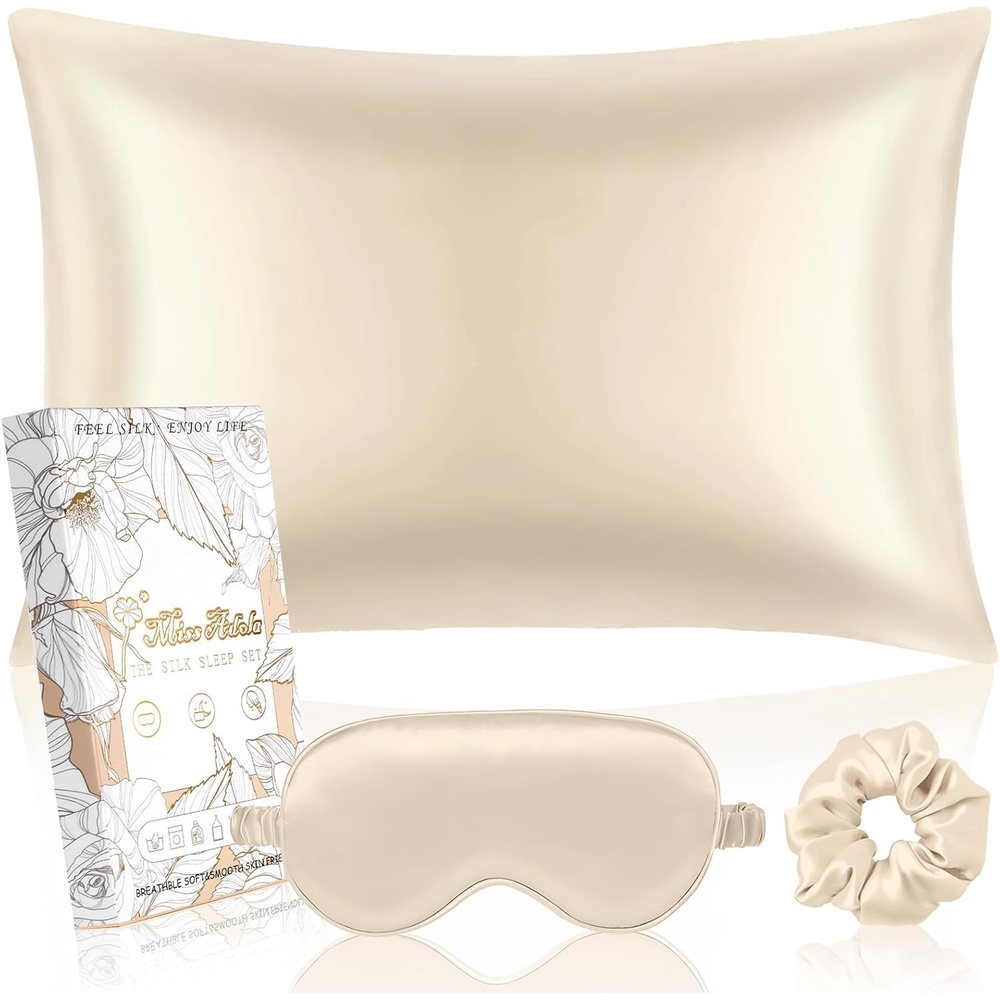 image:imageMiss Adola Mulberry Silk Pillowcase Set 1 Pc Silk Pillowcase with Eye Mask amp Scrunchie Soft Standard 20x26 Pillow Case for Hair and Skin Sleeping Gift for Women Blush PinkGold