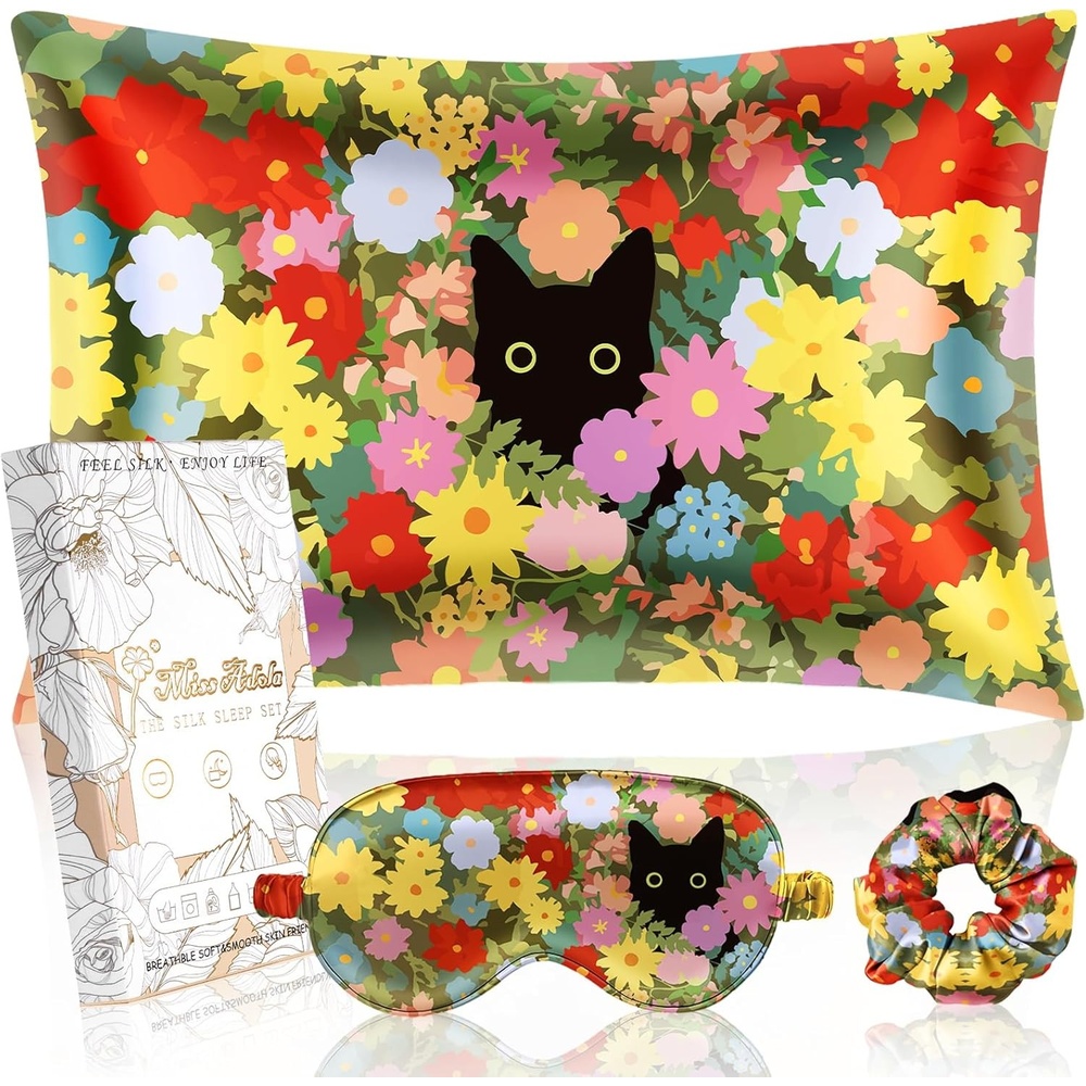 image:imageMiss Adola Mulberry Silk Pillowcase Set 1 Pc Silk Pillowcase with Eye Mask amp Scrunchie Soft Standard 20x26 Pillow Case for Hair and Skin Sleeping Gift for Women Blush PinkCat in Flower