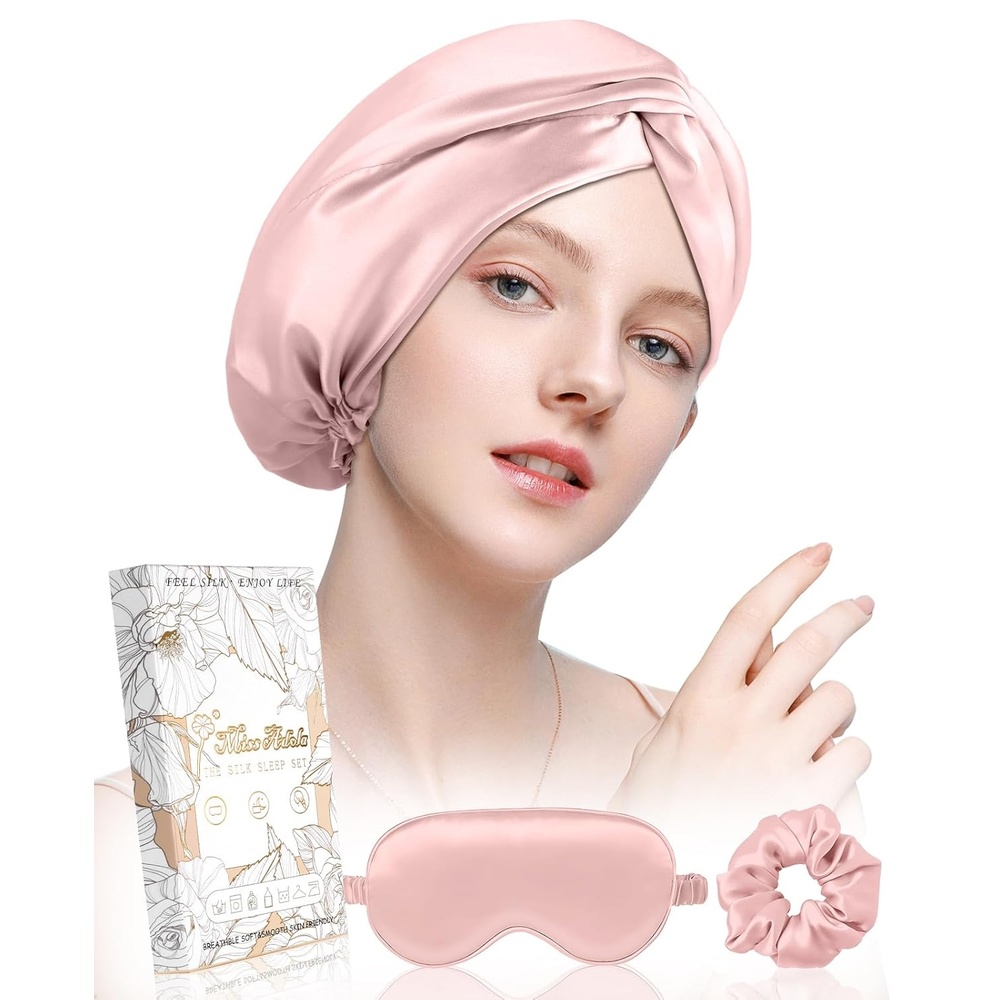image:imageMiss Adola Silk Bonnet for Women Mulberry Silk Sleep Cap for Hair Care with Eye Mask amp Scrunchie 19 Momme Night Cap Sleeping Set with Elastic Stay On Head Light PkLight Pink