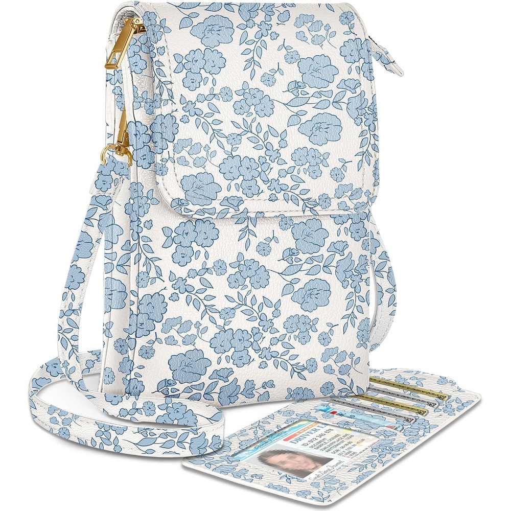 image:imageMiss Adola Small Crossbody Phone Purse for Women Cute Cell Phone Wallet Leather Cross Body Bags with Card Holder SlotBlue Flower