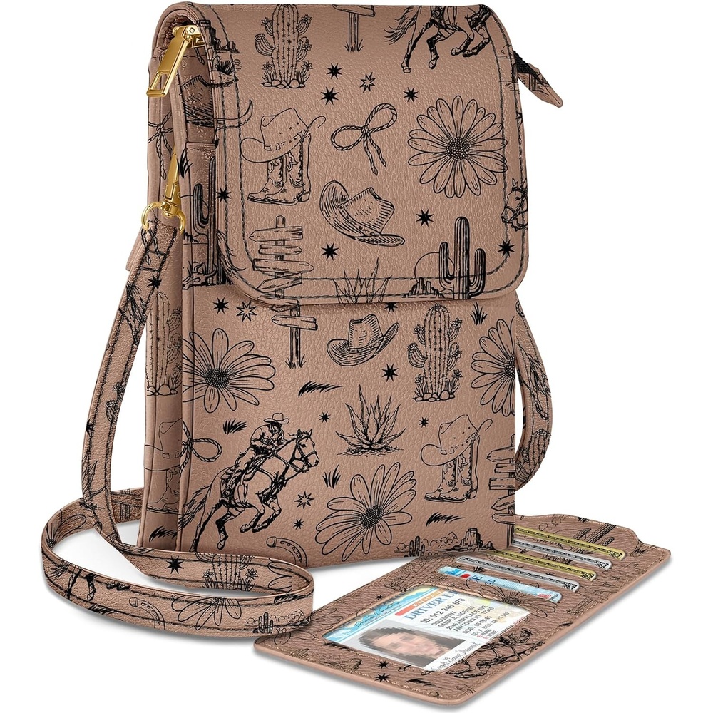 image:imageMiss Adola Small Crossbody Phone Purse for Women Cute Cell Phone Wallet Leather Cross Body Bags with Card Holder SlotBrown Plant
