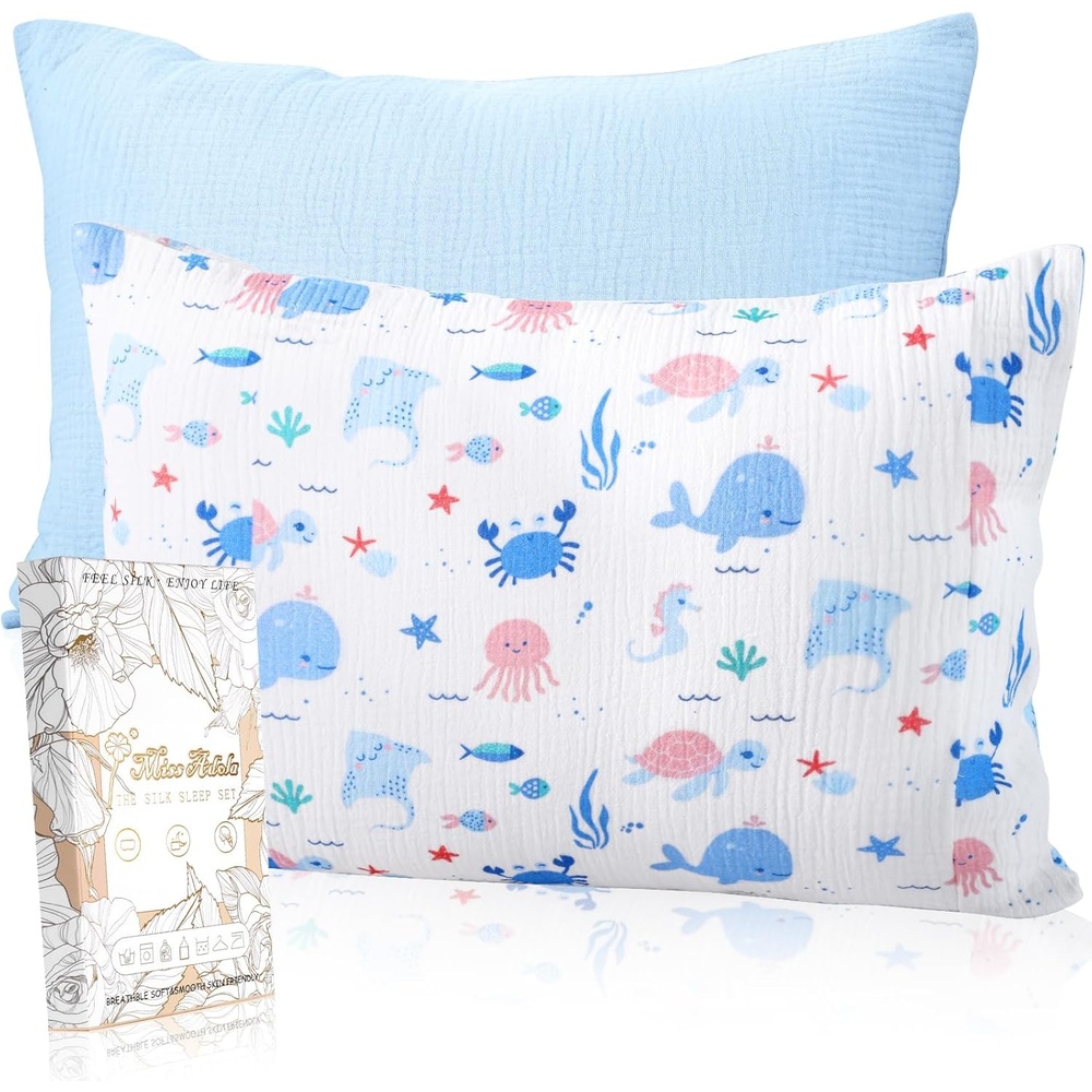 image:imageMiss Adola UltraSoft Cotton Toddler Pillowcase Set of 2 13x18 Breathable Kids Pillow Cases for Sensitive Skin Cute Cartoon with Envelope Closure for Baby Boys Girls Mermaids amp Sky BlueCartoon Ocean
