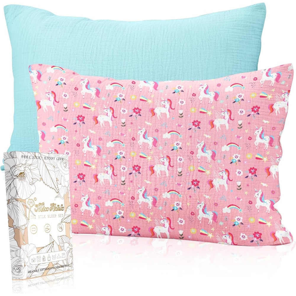 image:imageMiss Adola UltraSoft Cotton Toddler Pillowcase Set of 2 13x18 Breathable Kids Pillow Cases for Sensitive Skin Cute Cartoon with Envelope Closure for Baby Boys Girls Mermaids amp Sky BlueFlower Unicorn