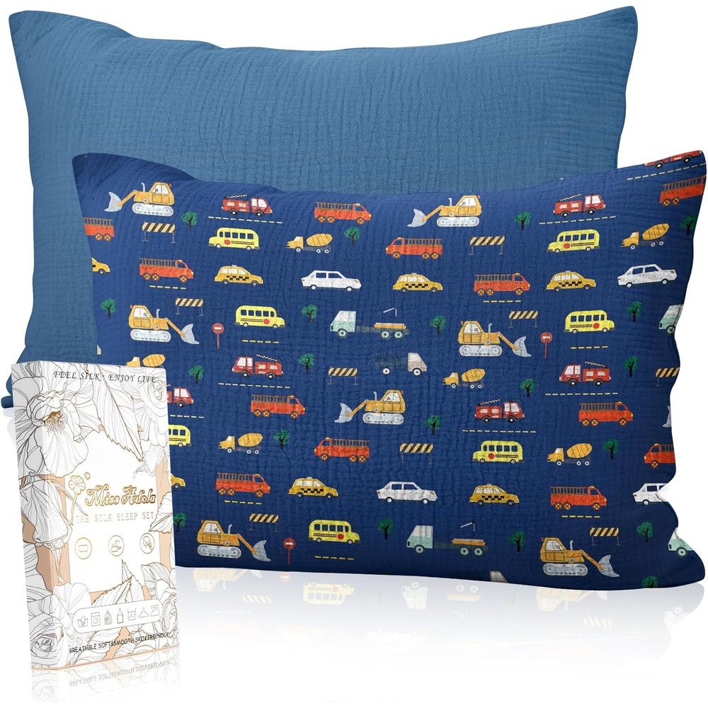 image:imageMiss Adola UltraSoft Cotton Toddler Pillowcase Set of 2 13x18 Breathable Kids Pillow Cases for Sensitive Skin Cute Cartoon with Envelope Closure for Baby Boys Girls Mermaids amp Sky BlueCar