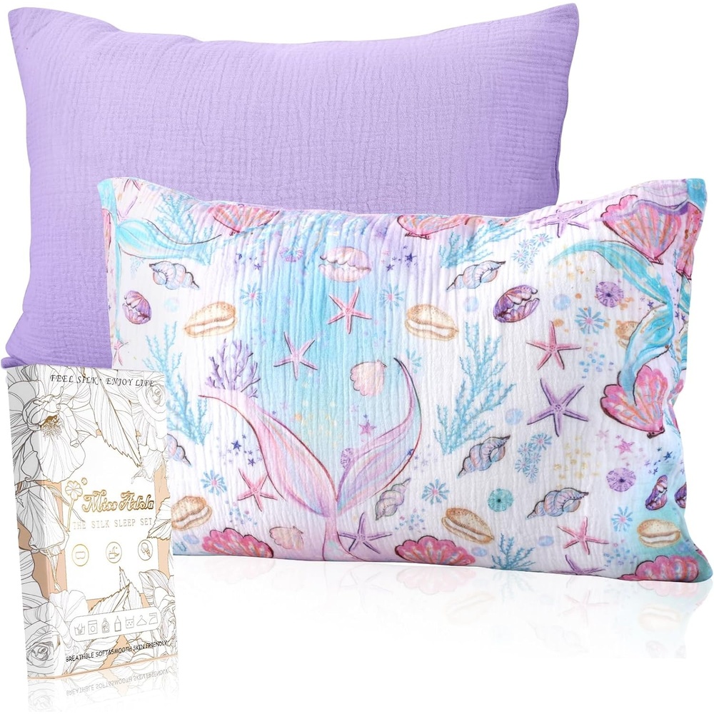 image:imageMiss Adola UltraSoft Cotton Toddler Pillowcase Set of 2 13x18 Breathable Kids Pillow Cases for Sensitive Skin Cute Cartoon with Envelope Closure for Baby Boys Girls Mermaids amp Sky BlueFish Tail