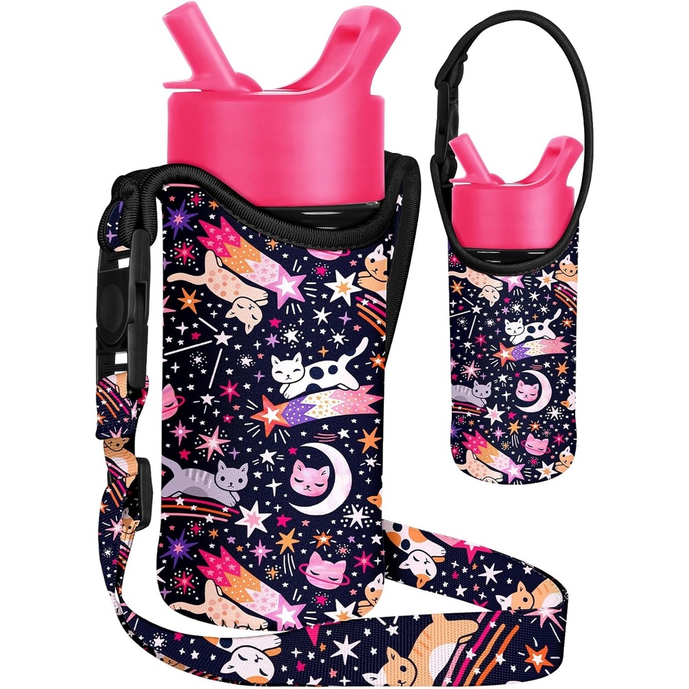 image:imageMiss Adola Water Bottle Carrier with Strap Handheld Kids Water Bottle Holder for 1016 oz 1420 oz Cute Cartoon Design Neoprene Crossbody Bottle Sling Bag for Boys GirlsStar Cats
