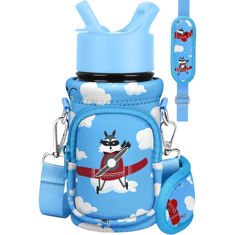 image:imageMiss Adola Water Bottle Carrier with Strap Insulated Kids Water Bottle Holder for Boys Girls Bottle Bag for 1018OzAirplane Raccoon