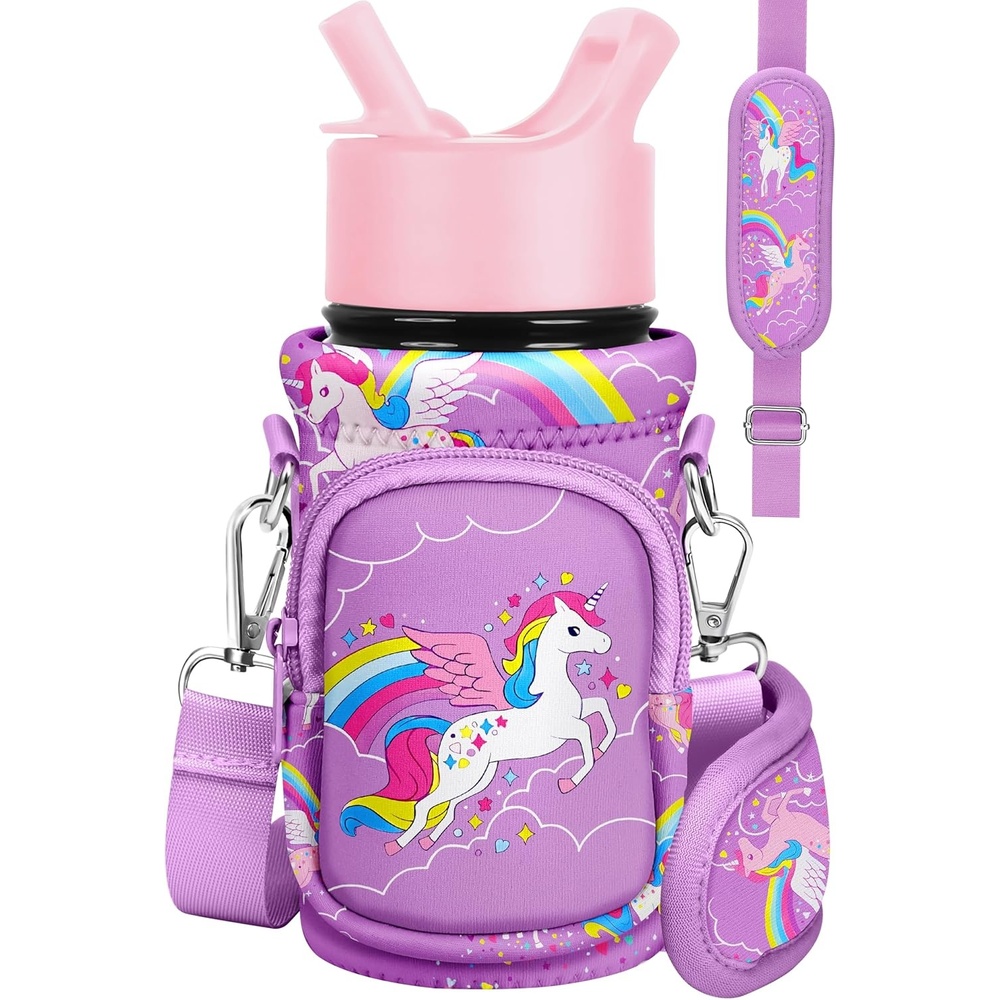 image:imageMiss Adola Water Bottle Carrier with Strap Insulated Kids Water Bottle Holder for Boys Girls Bottle Bag for 1018OzPurple Unicorn