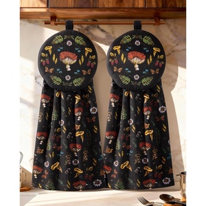 image:imageMiss Adola Cotton Hanging Hand Towels  2pcs Hand Drying Towels for Kitchen Bathroom with Hanging Loop Cute Decorative Soft Terry Cloth Kitchen Towel with Strawberry Design for Housewarming GiftsBlack Mushroom