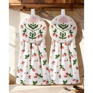 image:imageMiss Adola Cotton Hanging Hand Towels  2pcs Hand Drying Towels for Kitchen Bathroom with Hanging Loop Cute Decorative Soft Terry Cloth Kitchen Towel with Strawberry Design for Housewarming GiftsWatercolor Strawberry
