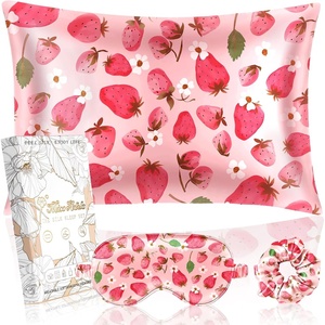 image:imageMiss Adola Mulberry Silk Pillowcase Set  1 Pc Silk Pillowcase with Eye Mask amp Scrunchie Soft Standard 20x26 Pillow Case for Hair and Skin Sleeping Gift for Women Blush PinkStrawberry Flower