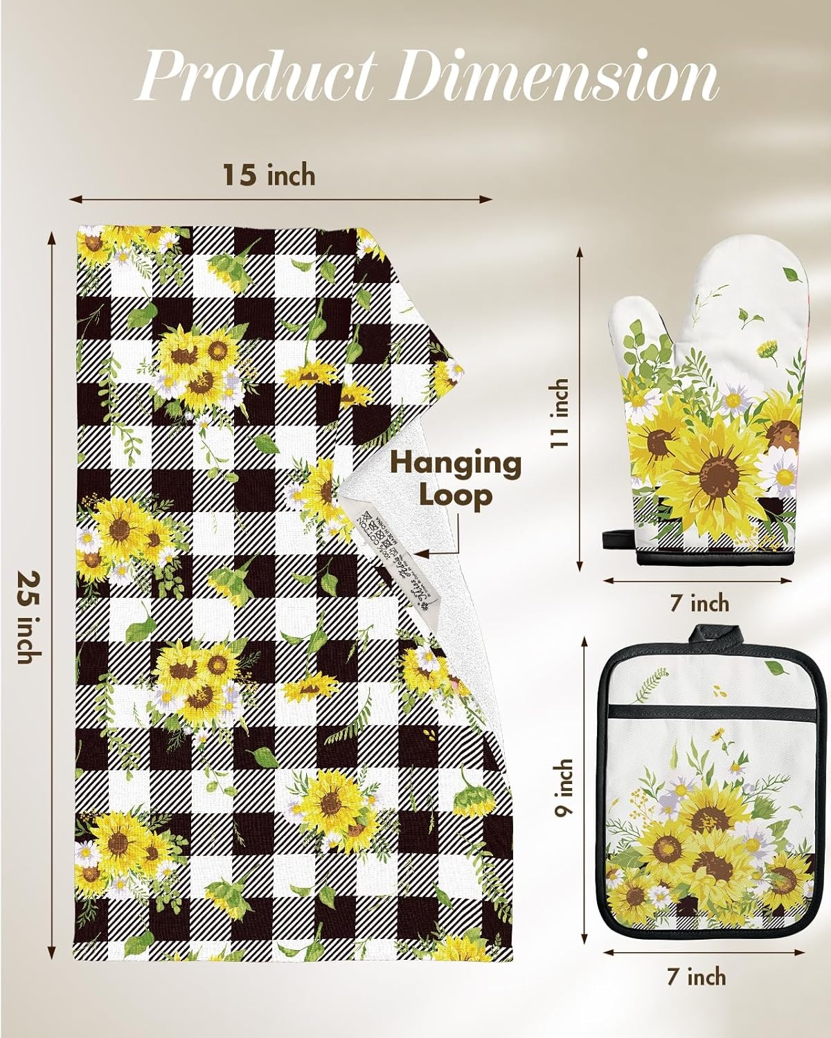 image:imageMiss Adola 270 GSM Cotton Kitchen Towels Oven Mitt and Pot Holder 4 Pack Kitchen Decor and Accessories Set Cute Farmhouse Boho Quilted Lining Heat Resistant Set with Hanging Loop Black MushroomPlaid Sunflower