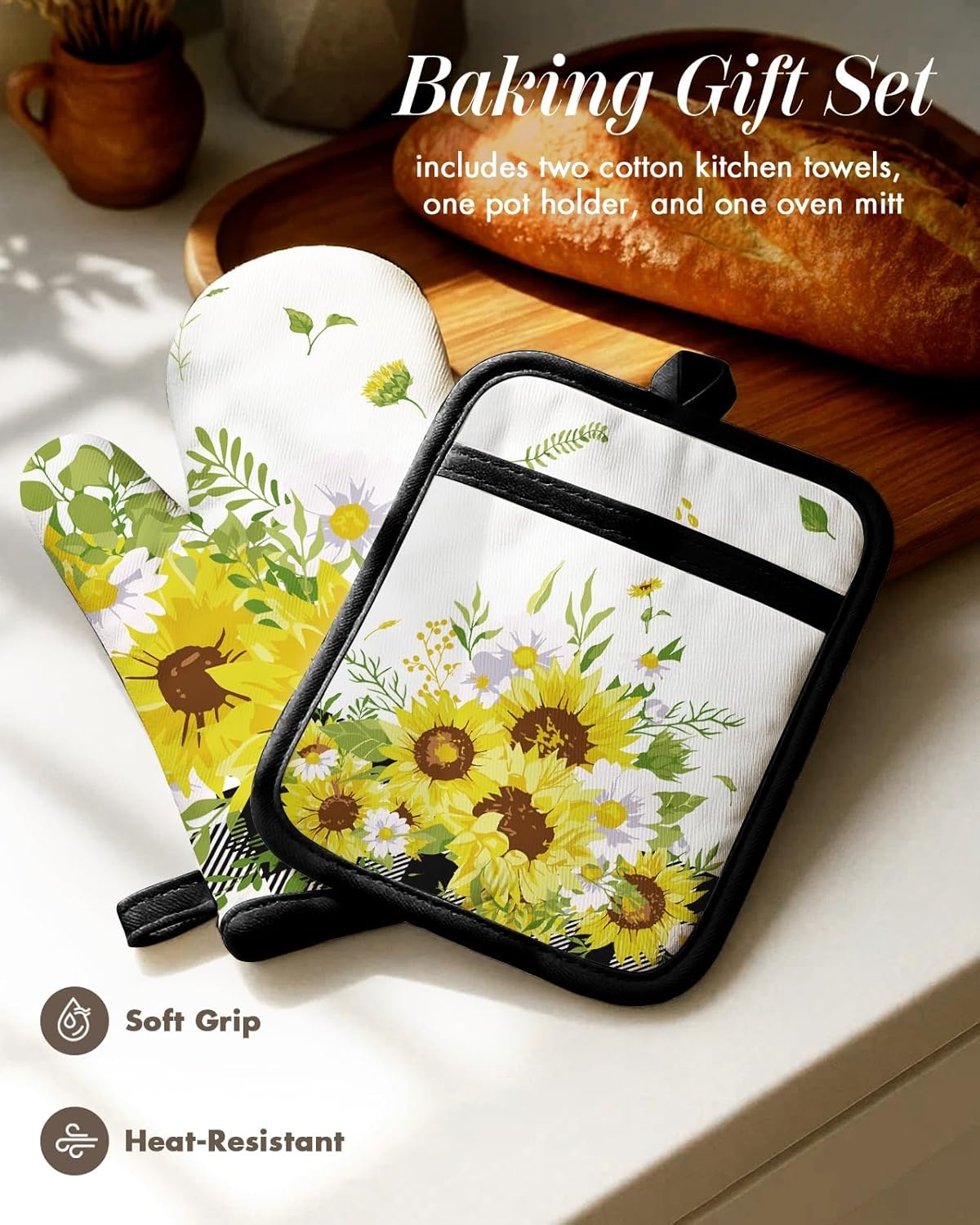 image:imageMiss Adola 270 GSM Cotton Kitchen Towels Oven Mitt and Pot Holder 4 Pack Kitchen Decor and Accessories Set Cute Farmhouse Boho Quilted Lining Heat Resistant Set with Hanging Loop Black MushroomPlaid Sunflower