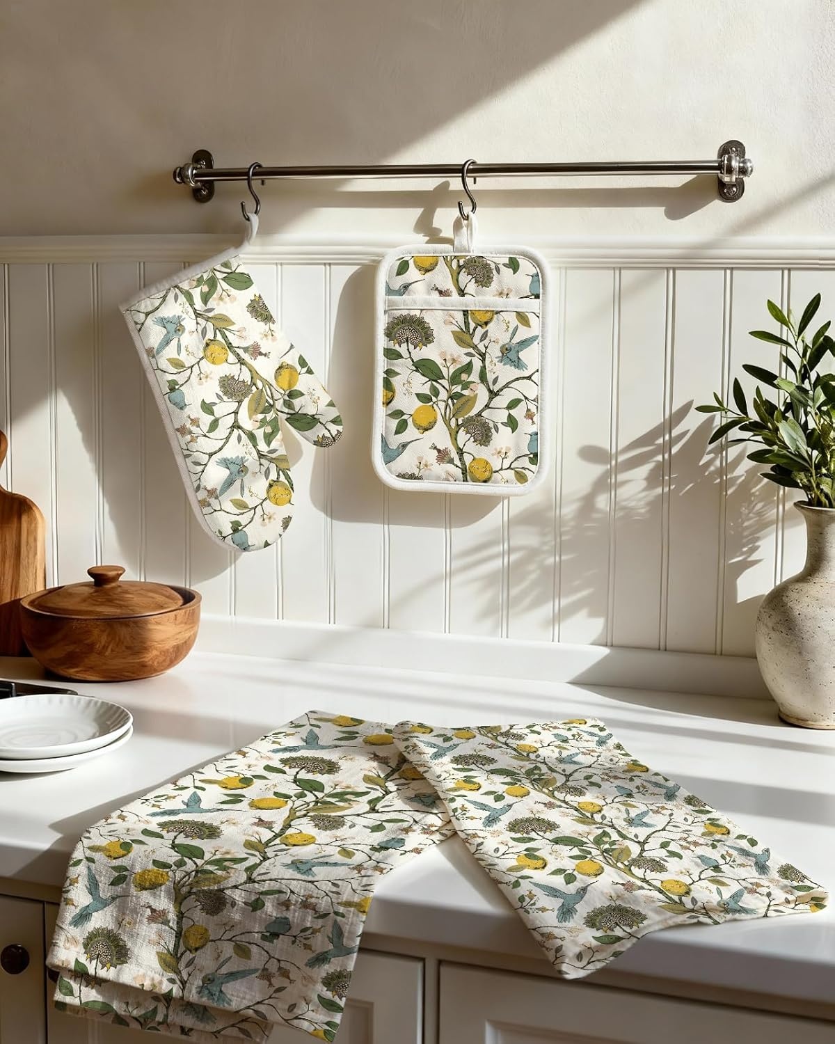 image:imageMiss Adola 270 GSM Cotton Kitchen Towels Oven Mitt and Pot Holder 4 Pack Kitchen Decor and Accessories Set Cute Farmhouse Boho Quilted Lining Heat Resistant Set with Hanging Loop Black MushroomLemon Bird