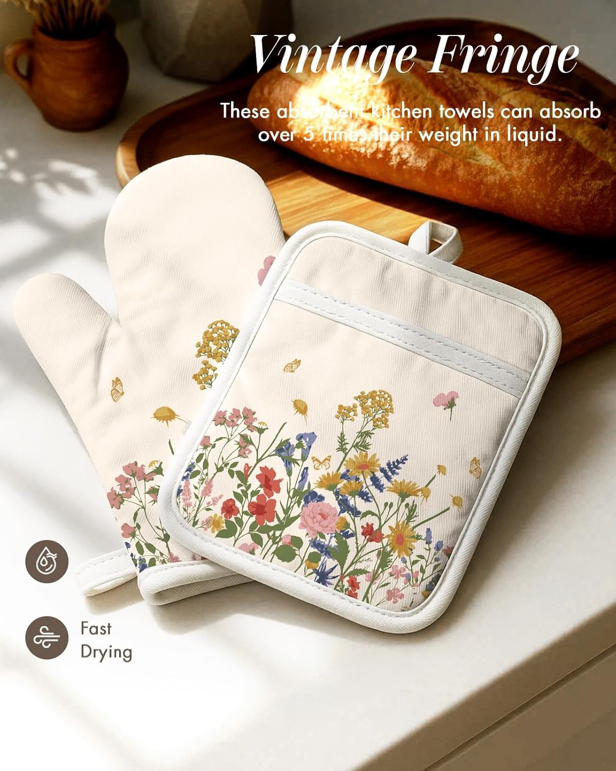 image:imageMiss Adola 270 GSM Cotton Kitchen Towels Oven Mitt and Pot Holder 4 Pack Kitchen Decor and Accessories Set Cute Farmhouse Boho Quilted Lining Heat Resistant Set with Hanging Loop Black MushroomRetro Flower