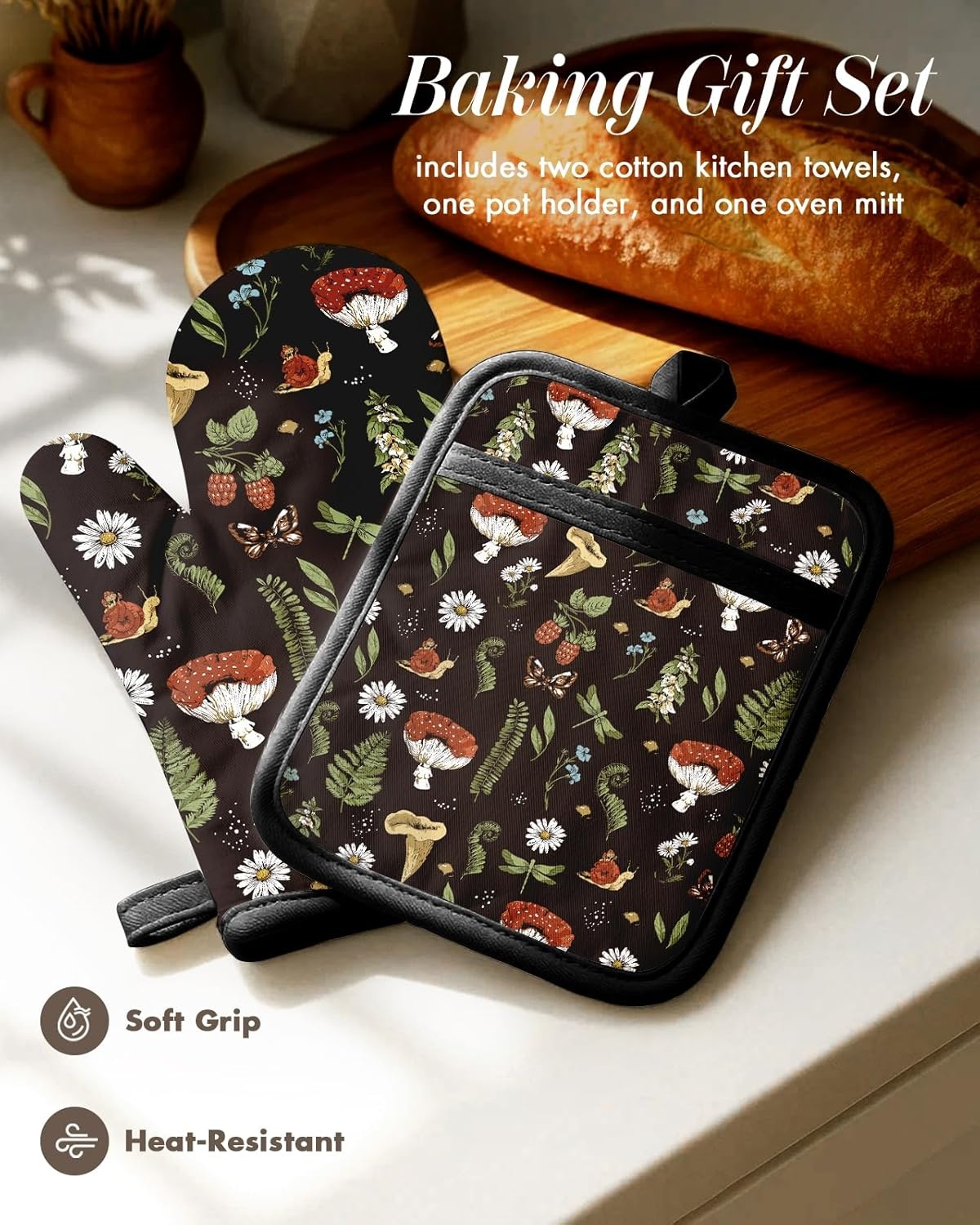 image:imageMiss Adola 270 GSM Cotton Kitchen Towels Oven Mitt and Pot Holder 4 Pack Kitchen Decor and Accessories Set Cute Farmhouse Boho Quilted Lining Heat Resistant Set with Hanging Loop Black MushroomBlack Mushroom