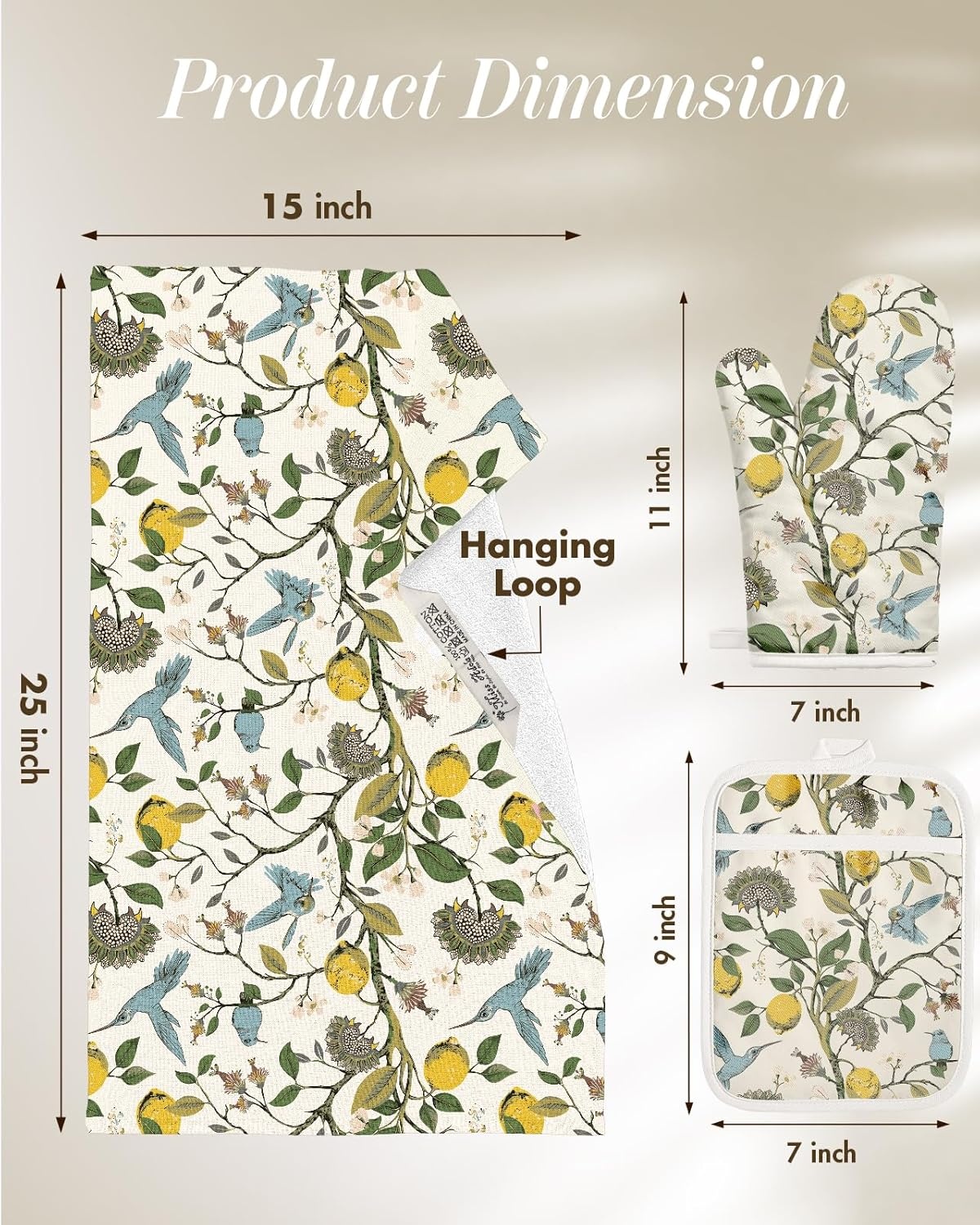 image:imageMiss Adola 270 GSM Cotton Kitchen Towels Oven Mitt and Pot Holder 4 Pack Kitchen Decor and Accessories Set Cute Farmhouse Boho Quilted Lining Heat Resistant Set with Hanging Loop Black MushroomLemon Bird