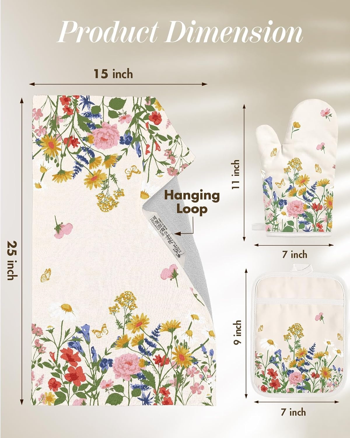 image:imageMiss Adola 270 GSM Cotton Kitchen Towels Oven Mitt and Pot Holder 4 Pack Kitchen Decor and Accessories Set Cute Farmhouse Boho Quilted Lining Heat Resistant Set with Hanging Loop Black MushroomRetro Flower