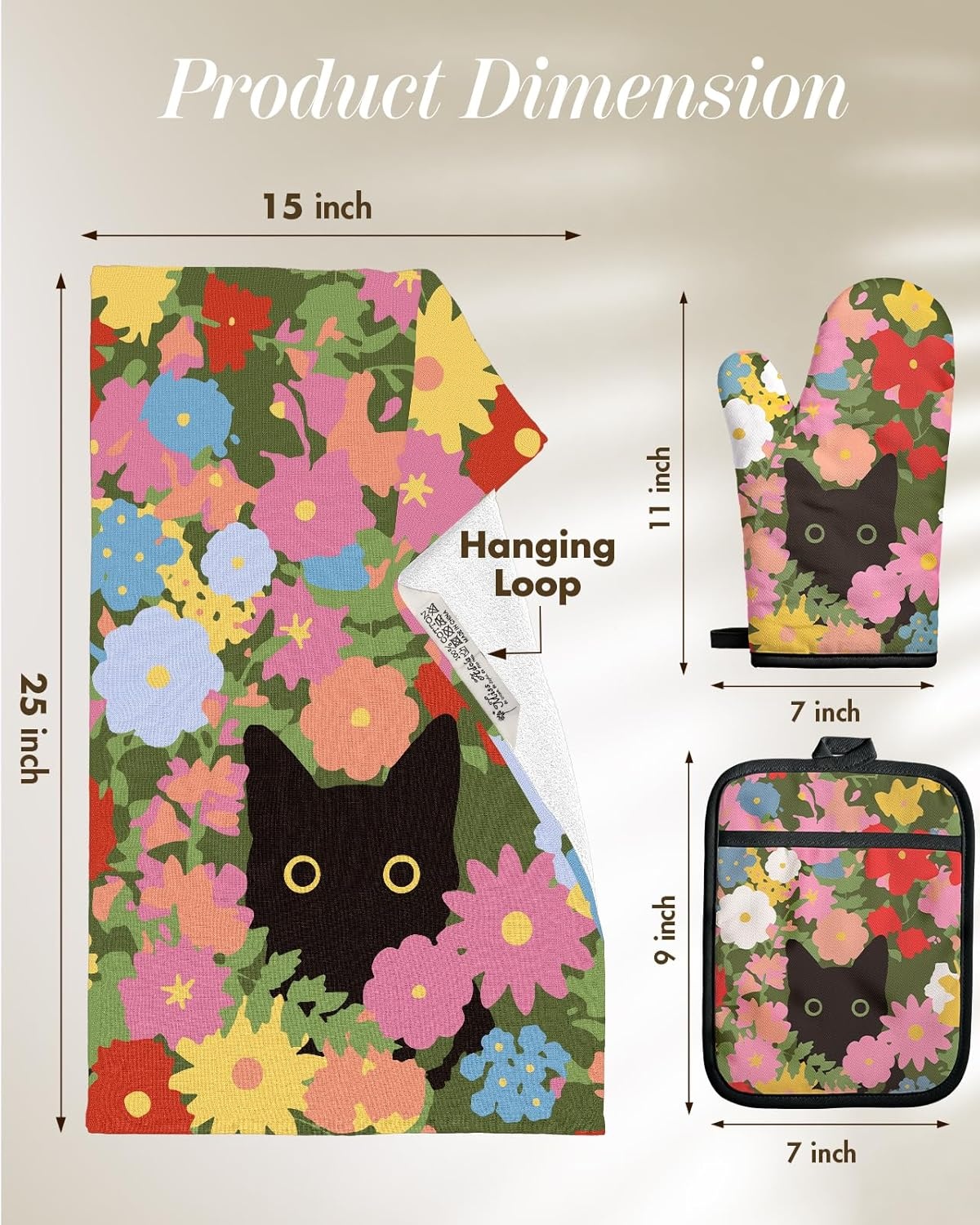 image:imageMiss Adola 270 GSM Cotton Kitchen Towels Oven Mitt and Pot Holder 4 Pack Kitchen Decor and Accessories Set Cute Farmhouse Boho Quilted Lining Heat Resistant Set with Hanging Loop Black MushroomCat Flower