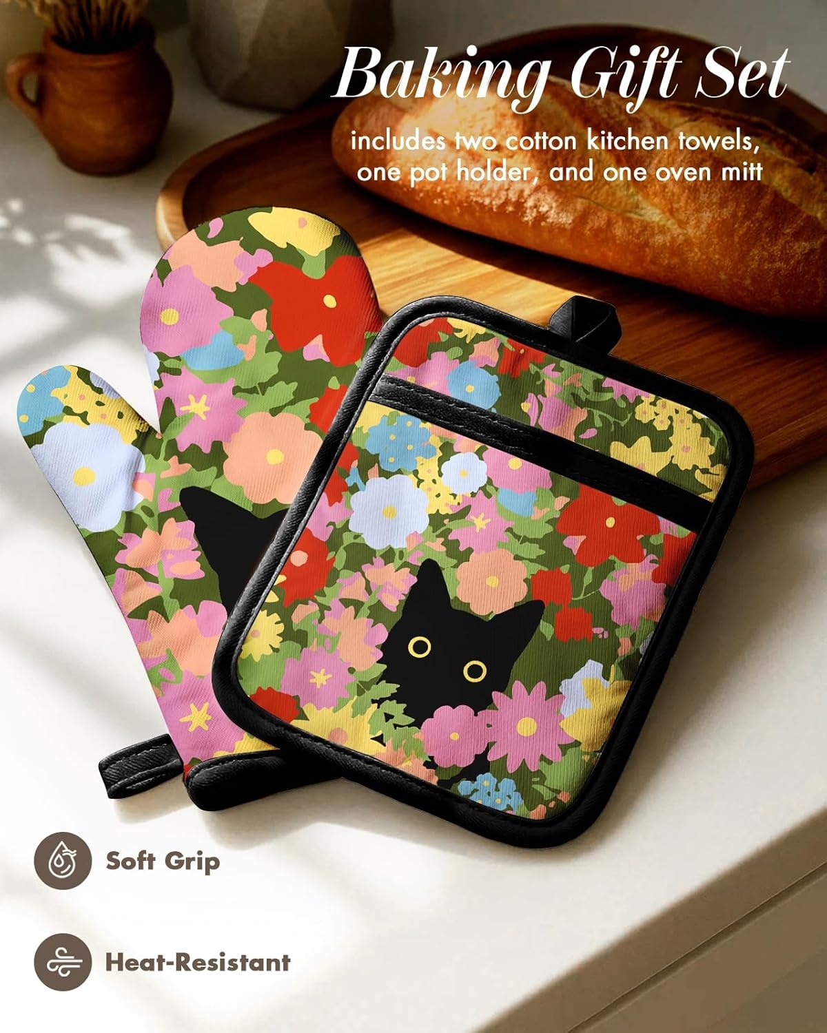 image:imageMiss Adola 270 GSM Cotton Kitchen Towels Oven Mitt and Pot Holder 4 Pack Kitchen Decor and Accessories Set Cute Farmhouse Boho Quilted Lining Heat Resistant Set with Hanging Loop Black MushroomCat Flower