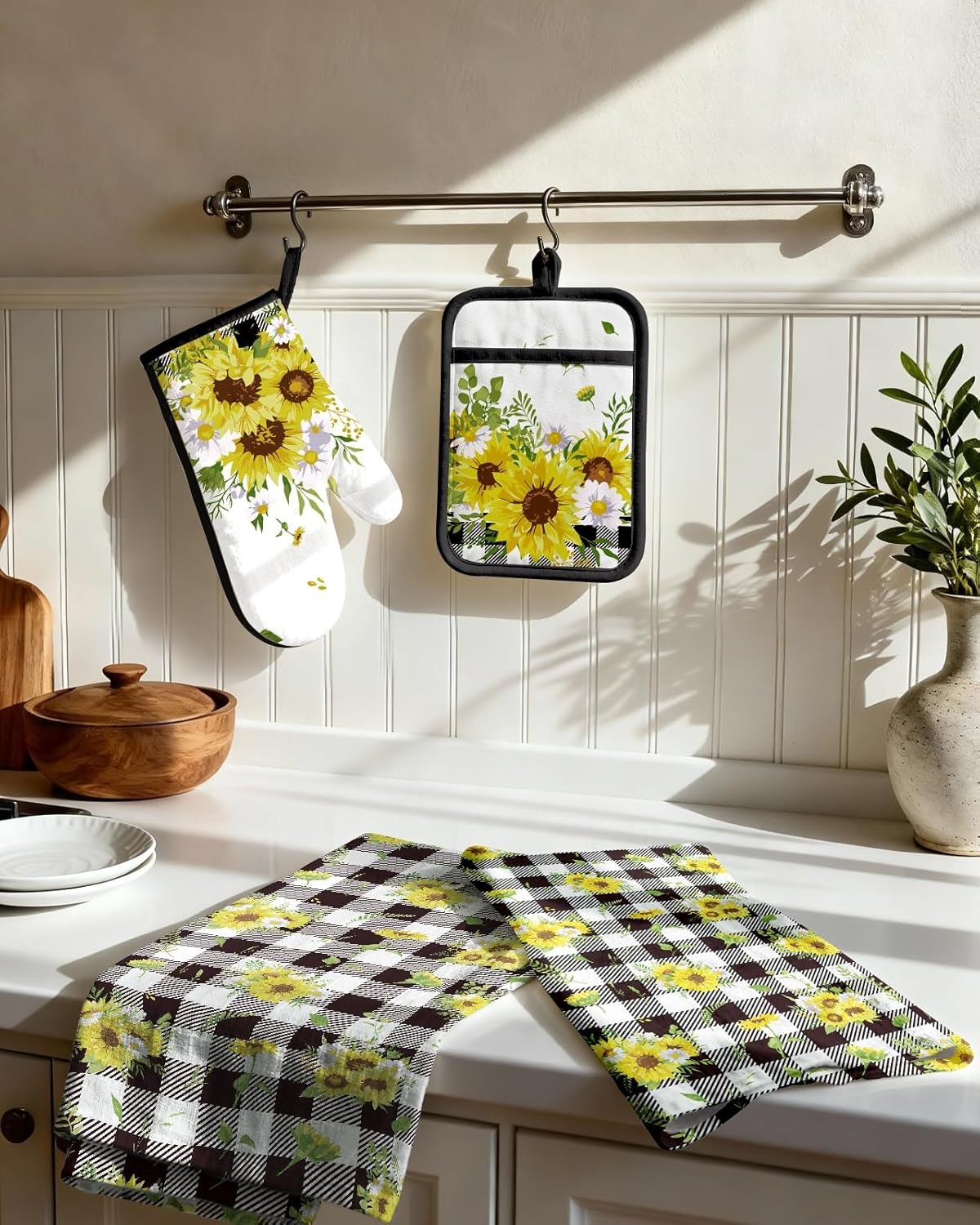 image:imageMiss Adola 270 GSM Cotton Kitchen Towels Oven Mitt and Pot Holder 4 Pack Kitchen Decor and Accessories Set Cute Farmhouse Boho Quilted Lining Heat Resistant Set with Hanging Loop Black MushroomPlaid Sunflower